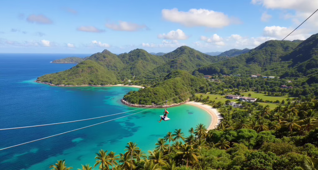 A zipline tour above Momi Bay, Fiji, showing a person soaring over tropical landscapes, ocean views, and lush greenery under a bright sky.
