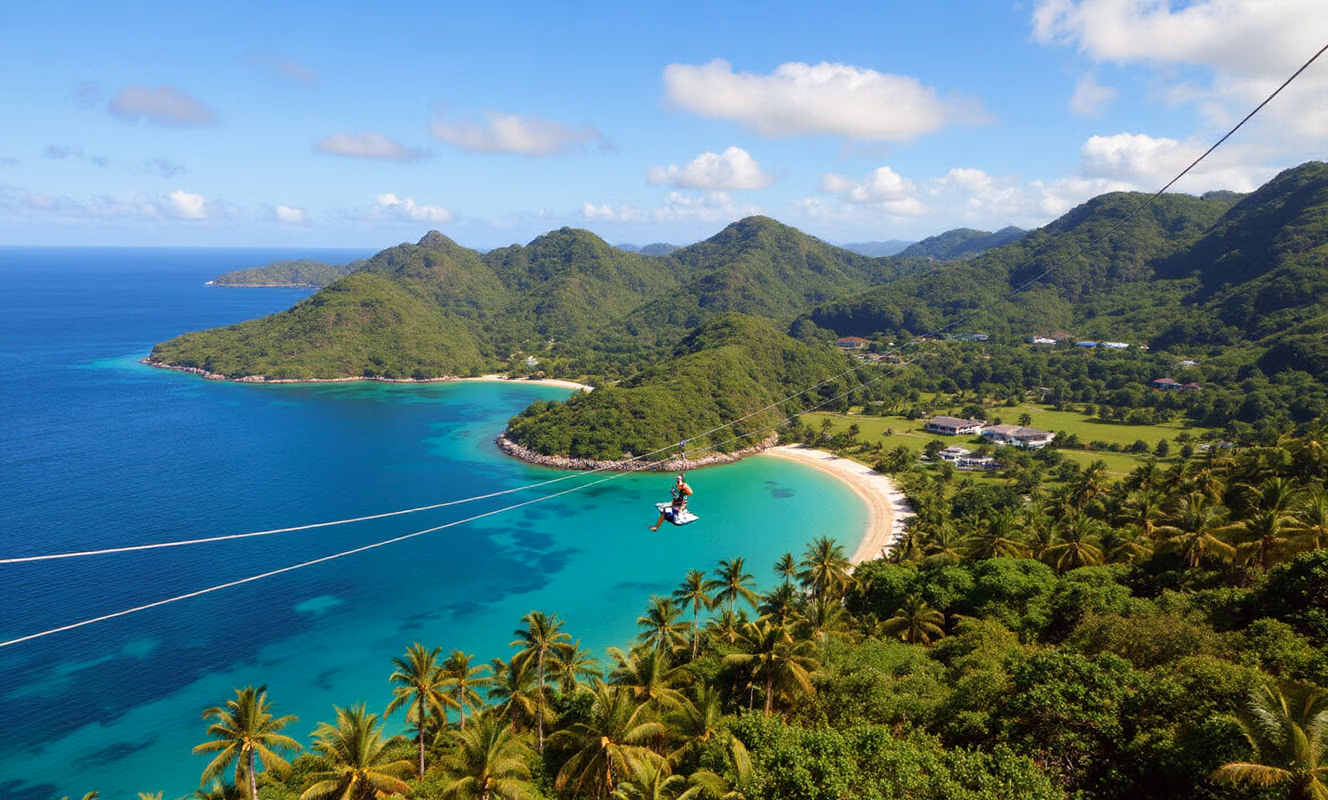 A zipline tour above Momi Bay, Fiji, showing a person soaring over tropical landscapes, ocean views, and lush greenery under a bright sky.