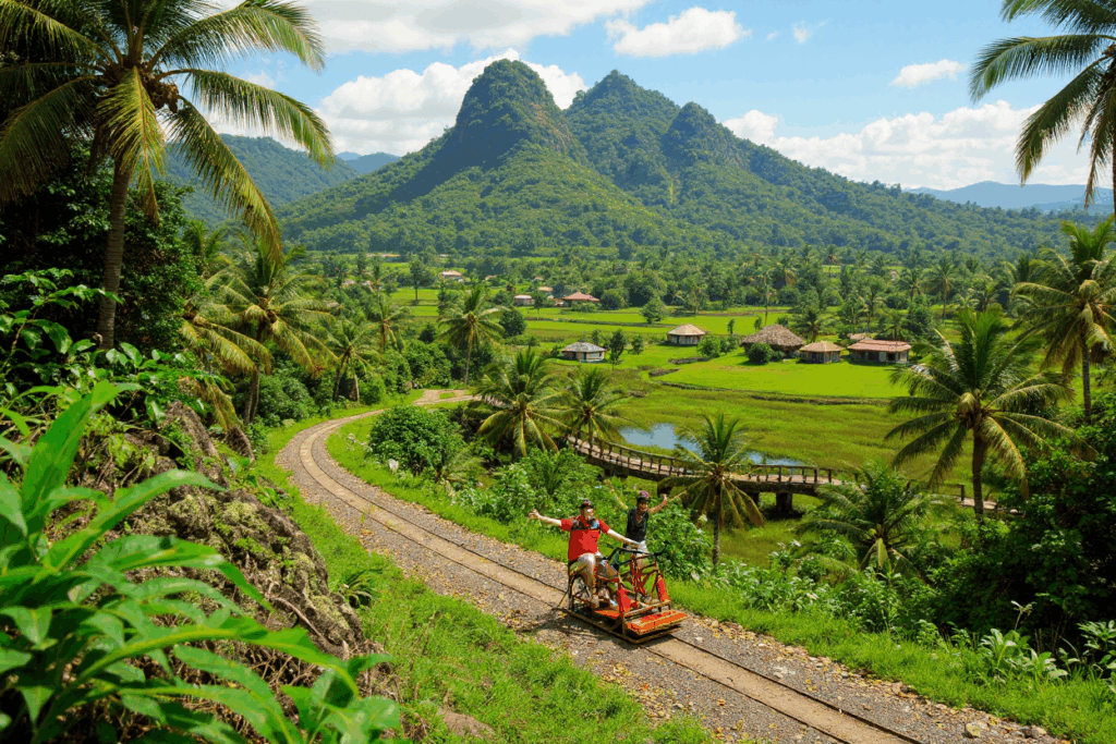 Eco-friendly rail cart tour through Fiji’s Sigatoka Valley with scenic views of rainforests, mountains, and rivers, showcasing sustainable travel and natural beauty.