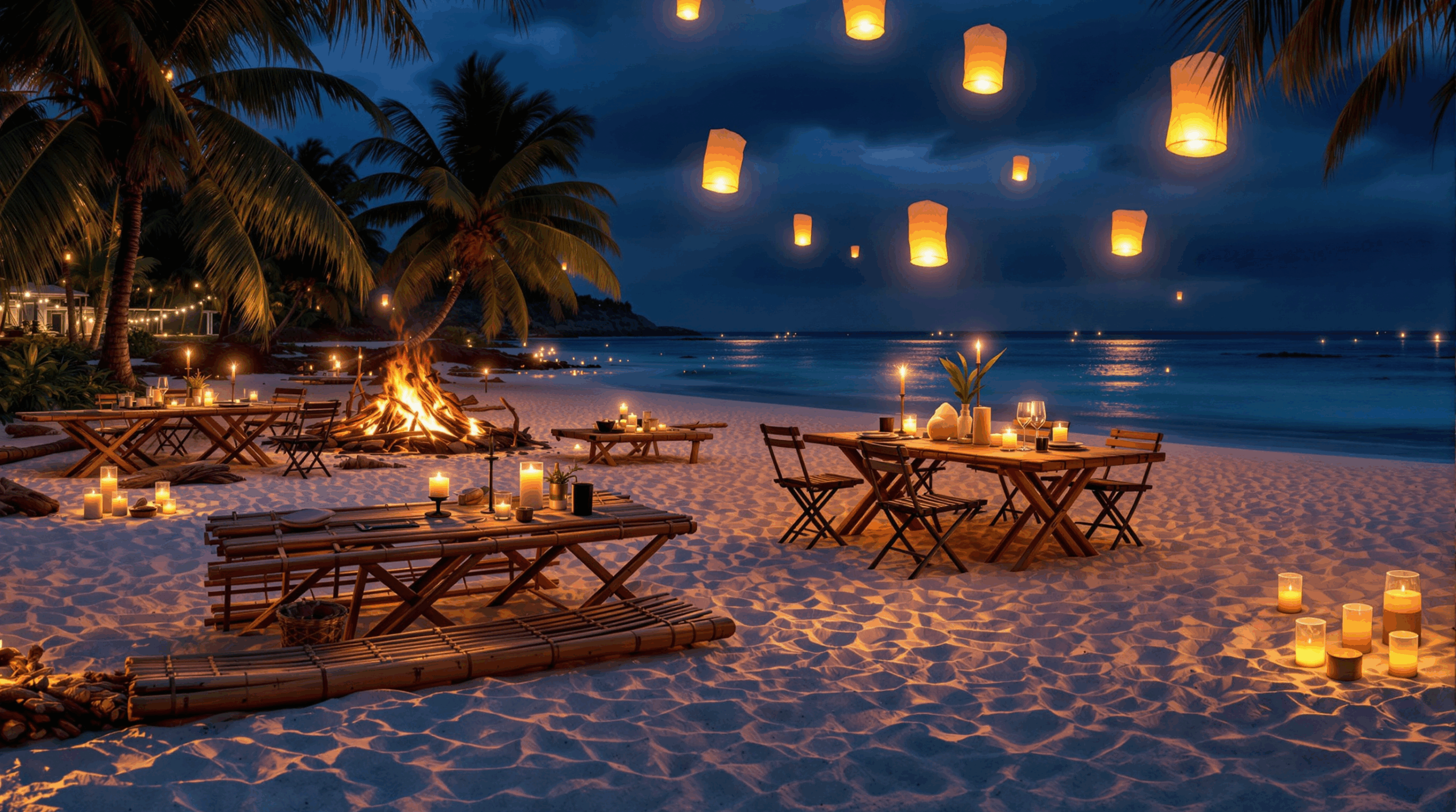 Robinson Crusoe-themed dinner on a tropical beach with bamboo tables, torches, seafood buffet, campfire, and guests enjoying cocktails under a starlit sky with floating lanterns.