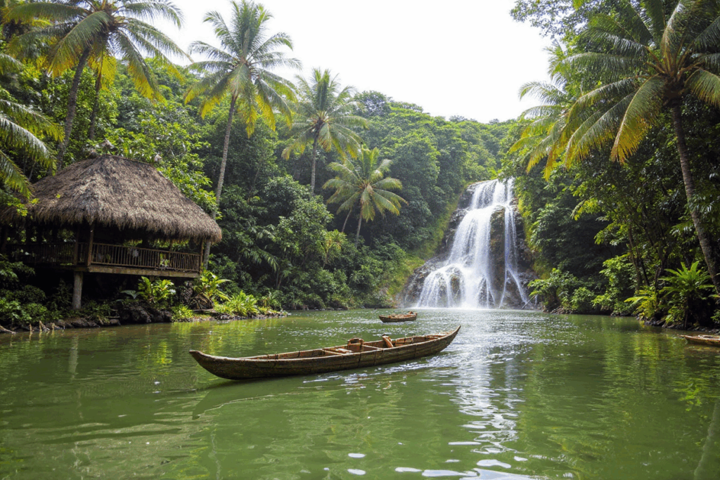 Navua River adventure in Fiji with a longboat ride, cascading jungle waterfalls, bamboo rafting, and traditional Fijian village huts surrounded by tropical rainforest.