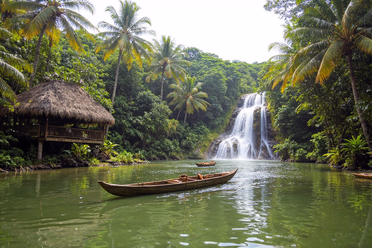 Navua River adventure in Fiji with a longboat ride, cascading jungle waterfalls, bamboo rafting, and traditional Fijian village huts surrounded by tropical rainforest.