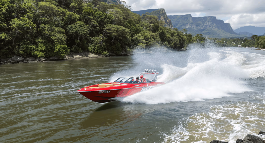 Sigatoka River Safari jet boat speeding along a tropical river in Fiji, with lush green hills, splashing water, and cultural village visits along the route.