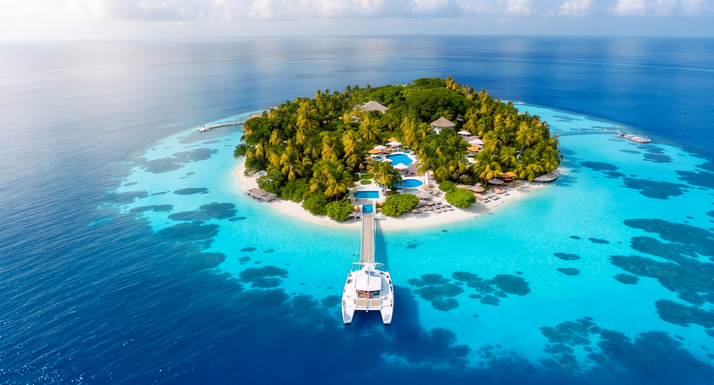 A catamaran docked at Malamala Island with a long pier leading to a lush tropical beach club surrounded by turquoise waters and coral reefs