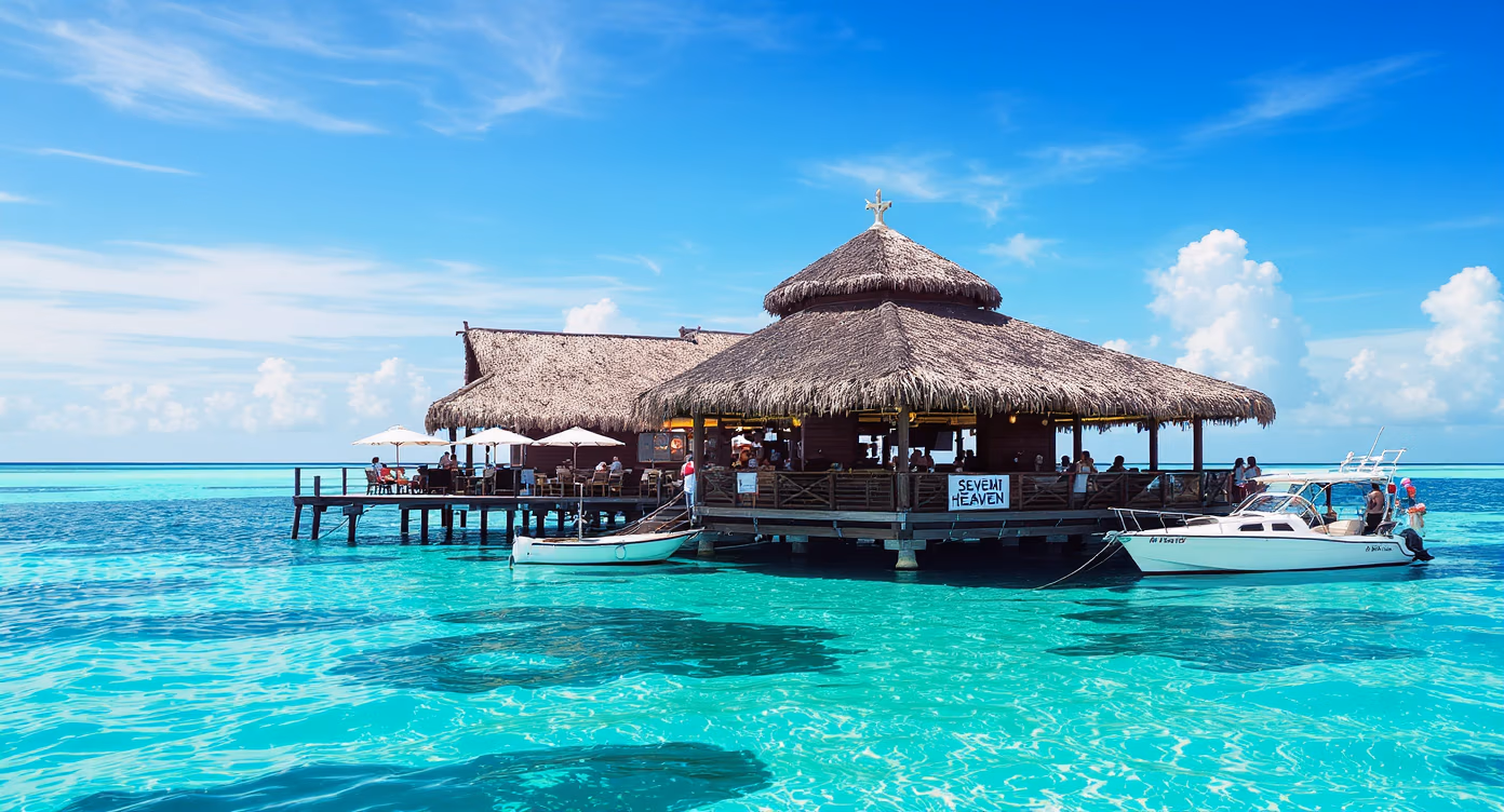 Floating platform bar and restaurant Seventh Heaven anchored in Fiji’s blue waters with guests relaxing and swimming nearby