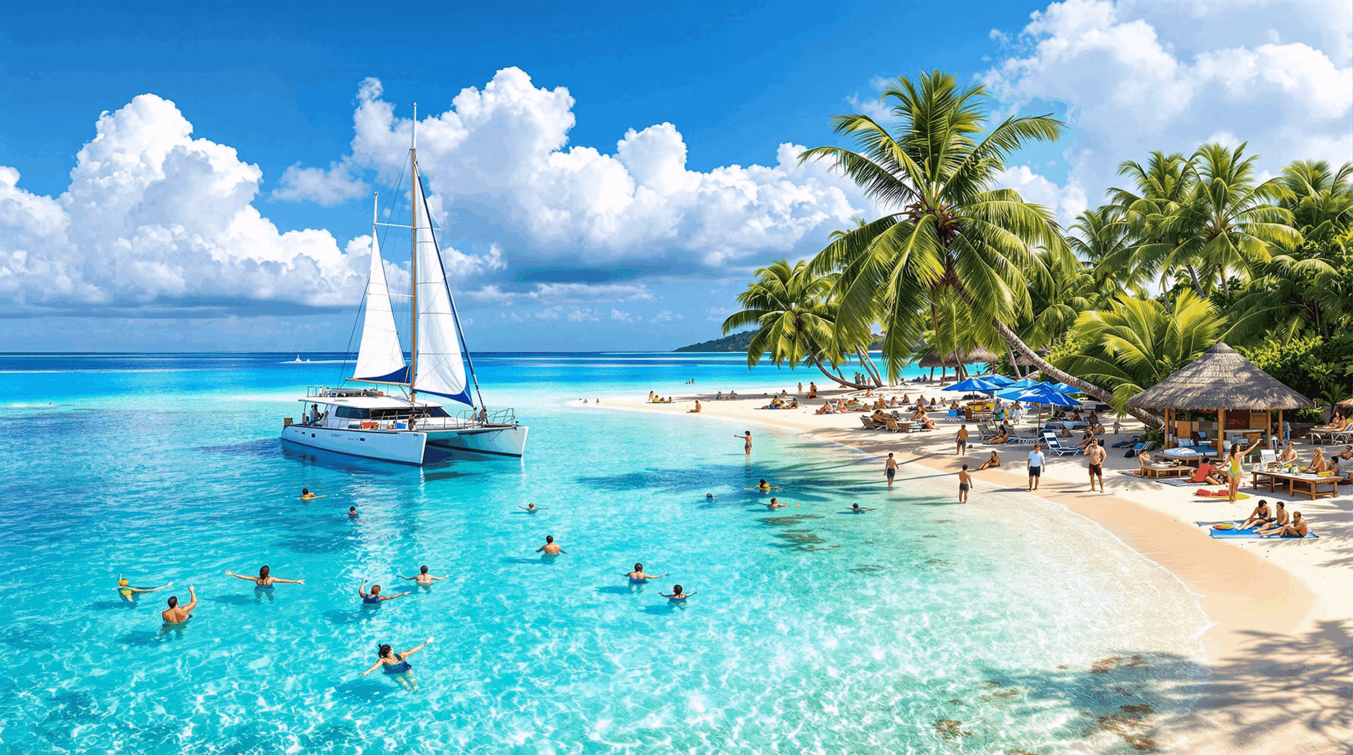 A tropical day cruise to Tivua Island, Fiji – showing a sailing catamaran arriving at a private island surrounded by turquoise waters, with people snorkeling, kayaking, enjoying lunch under palm trees, and participating in traditional Fijian cultural activities.