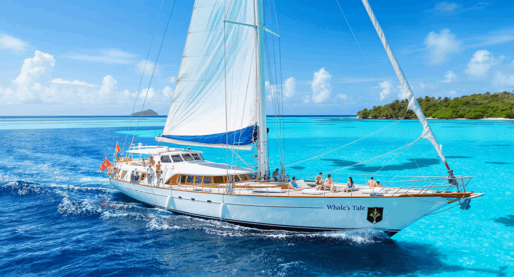The Whale’s Tale schooner anchored in Fiji’s blue waters, with guests boarding from a tender boat and relaxing on deck under the tropical sun