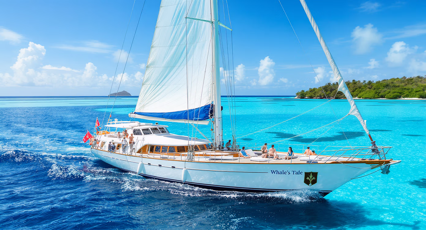 The Whale’s Tale schooner anchored in Fiji’s blue waters, with guests boarding from a tender boat and relaxing on deck under the tropical sun