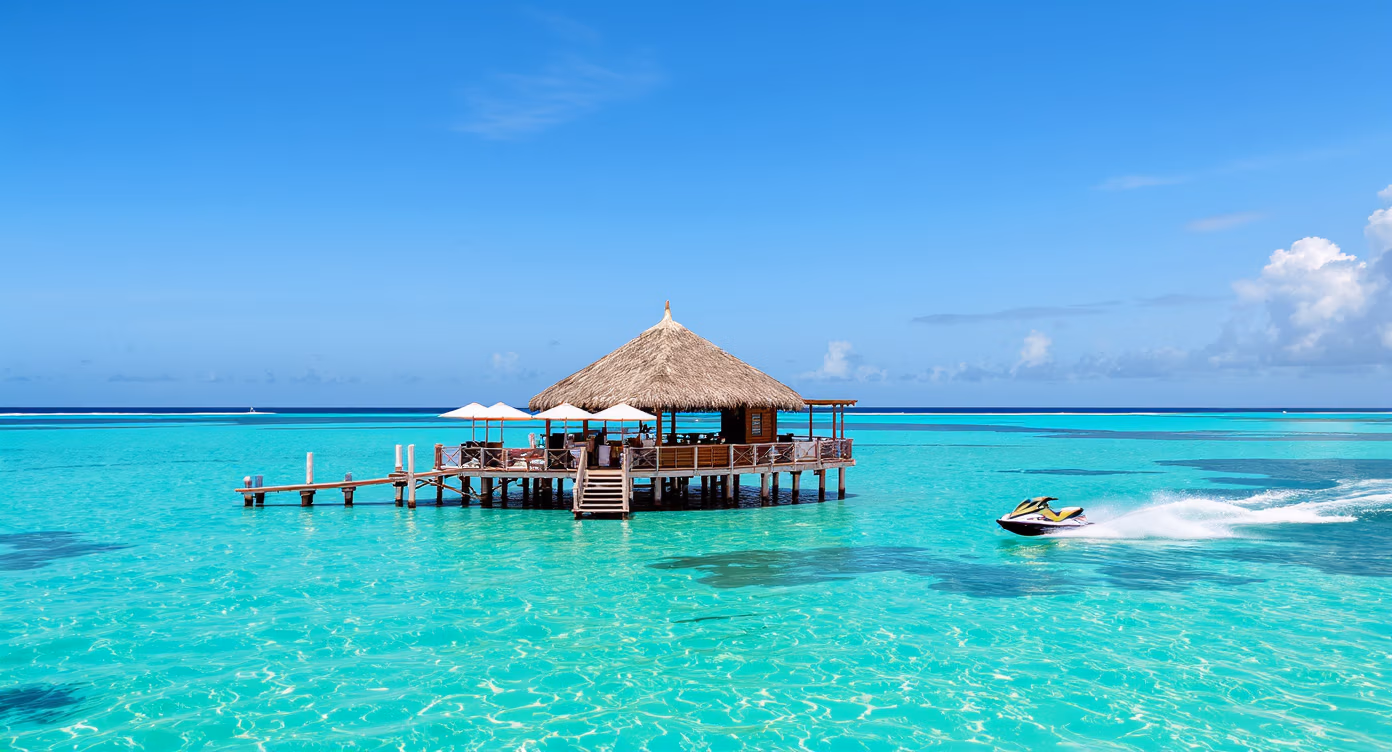 Aerial view of Cloud 9 floating bar in Fiji surrounded by turquoise water, with a jet ski circling the platform under sunny skies