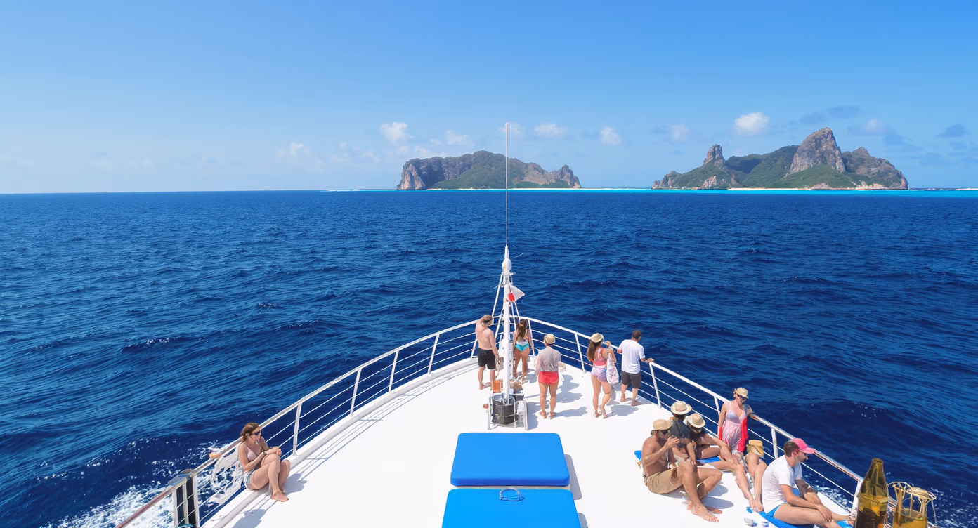 Tourists standing on the deck of a South Sea Cruises boat, heading toward South Sea Island across the calm blue waters of Fiji