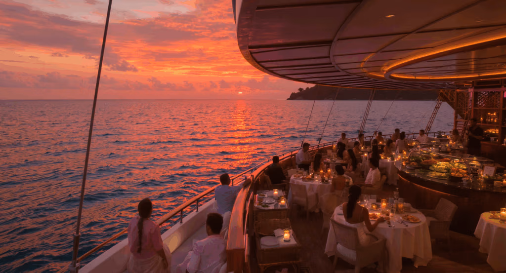 A smiling couple enjoying a buffet dinner aboard the Captain Cook Dinner Cruise in Fiji, with sunset views through large windows and tropical dishes served by friendly crew.