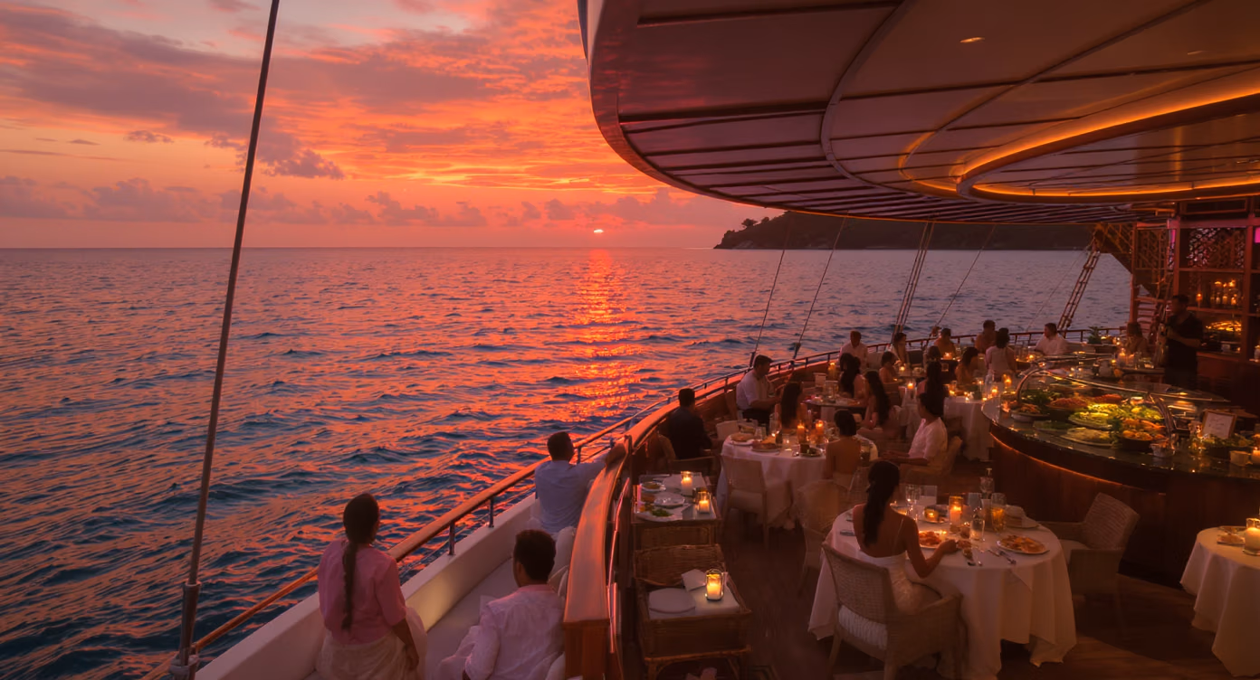 A smiling couple enjoying a buffet dinner aboard the Captain Cook Dinner Cruise in Fiji, with sunset views through large windows and tropical dishes served by friendly crew.