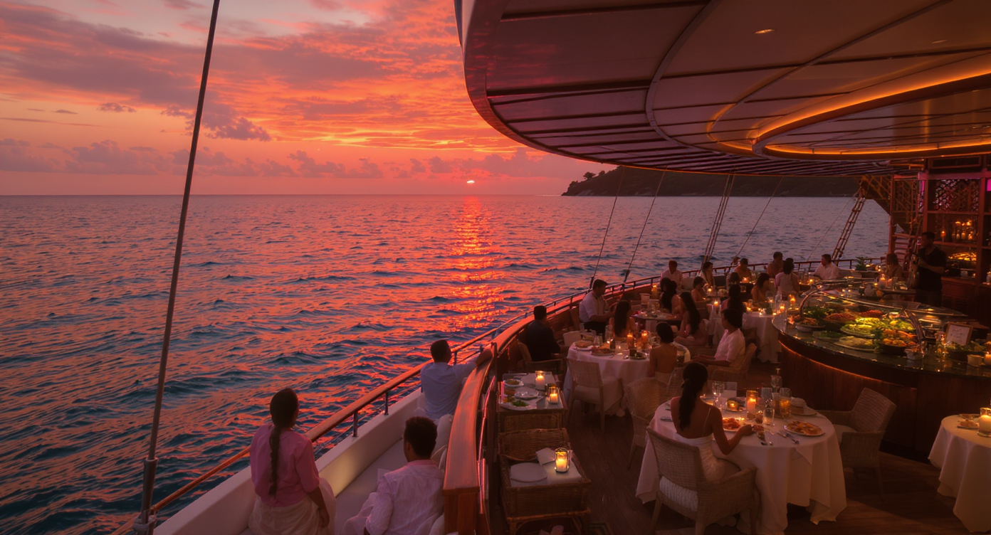 A smiling couple enjoying a buffet dinner aboard the Captain Cook Dinner Cruise in Fiji, with sunset views through large windows and tropical dishes served by friendly crew.