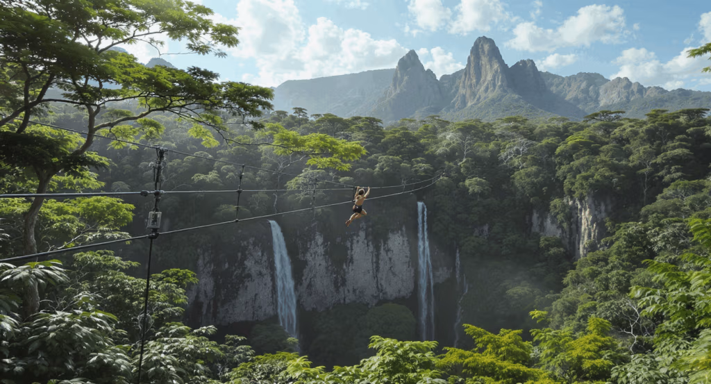 Adventurer ziplining high above Fiji’s Sabeto Valley rainforest with panoramic views of waterfalls and the Sleeping Giant mountain range in the background.