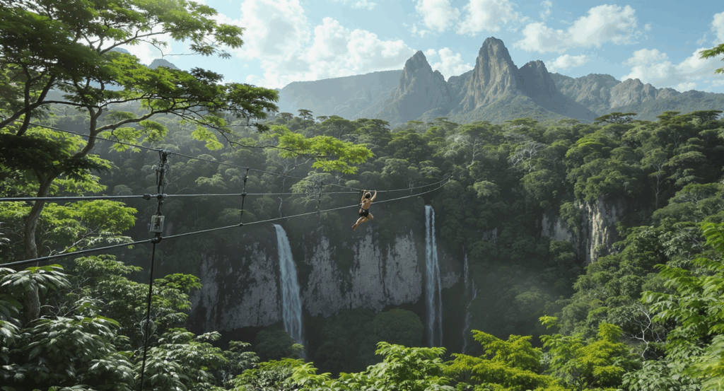 Adventurer ziplining high above Fiji’s Sabeto Valley rainforest with panoramic views of waterfalls and the Sleeping Giant mountain range in the background.