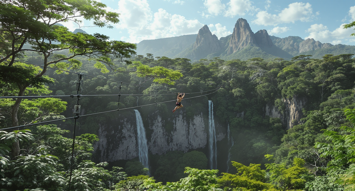 Adventurer ziplining high above Fiji’s Sabeto Valley rainforest with panoramic views of waterfalls and the Sleeping Giant mountain range in the background.